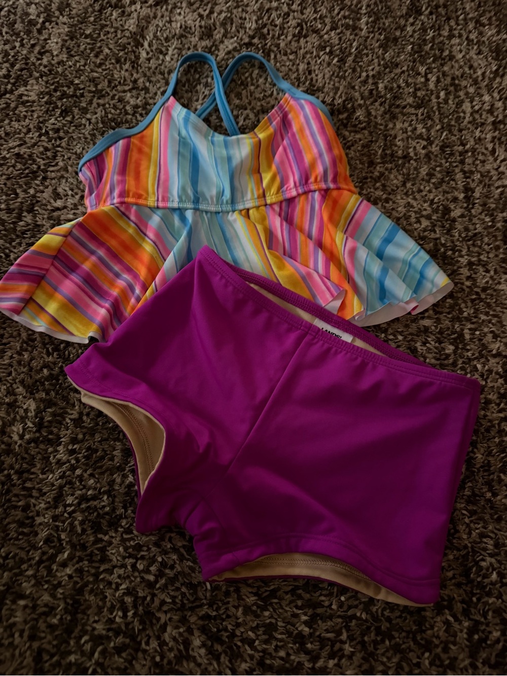 Lands End Two-Piece Swim Set - Rainbow Striped Tankini & Magenta Swim Shorts